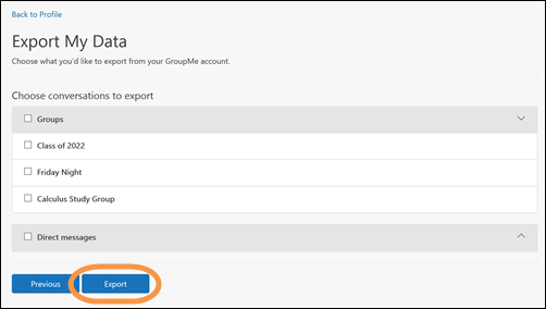 The Export my data window in GroupMe with the Export button highlighted