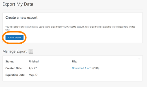 The Create a new export window in GroupMe