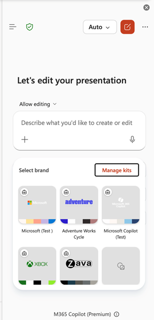 Screenshot of the Manage Brand Kits entrypoint in PowerPoint.