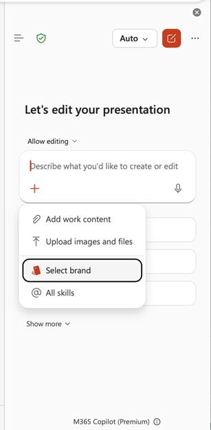 Screenshot of Select Brand entrypoint in PowerPoint.