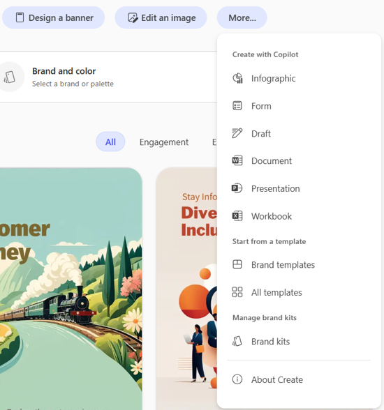 screenshot of UI for selecting More then Brand kits in Microsoft 365 Copilot app.