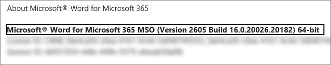 Screenshot that shows the Word version, build, and bit version.