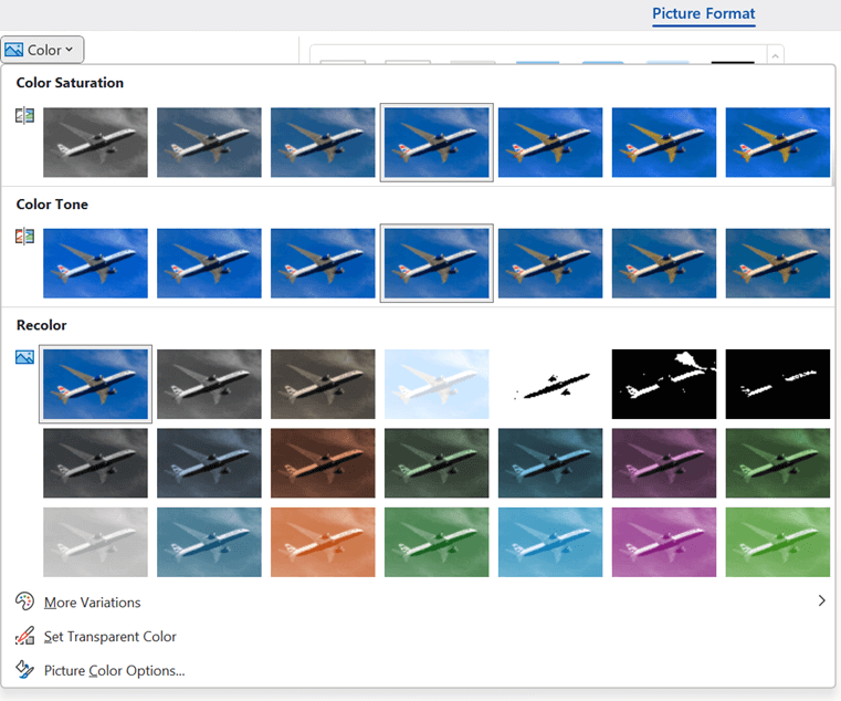 on the Picture Format tab, youll find the gallery of Color options for tone and saturation.