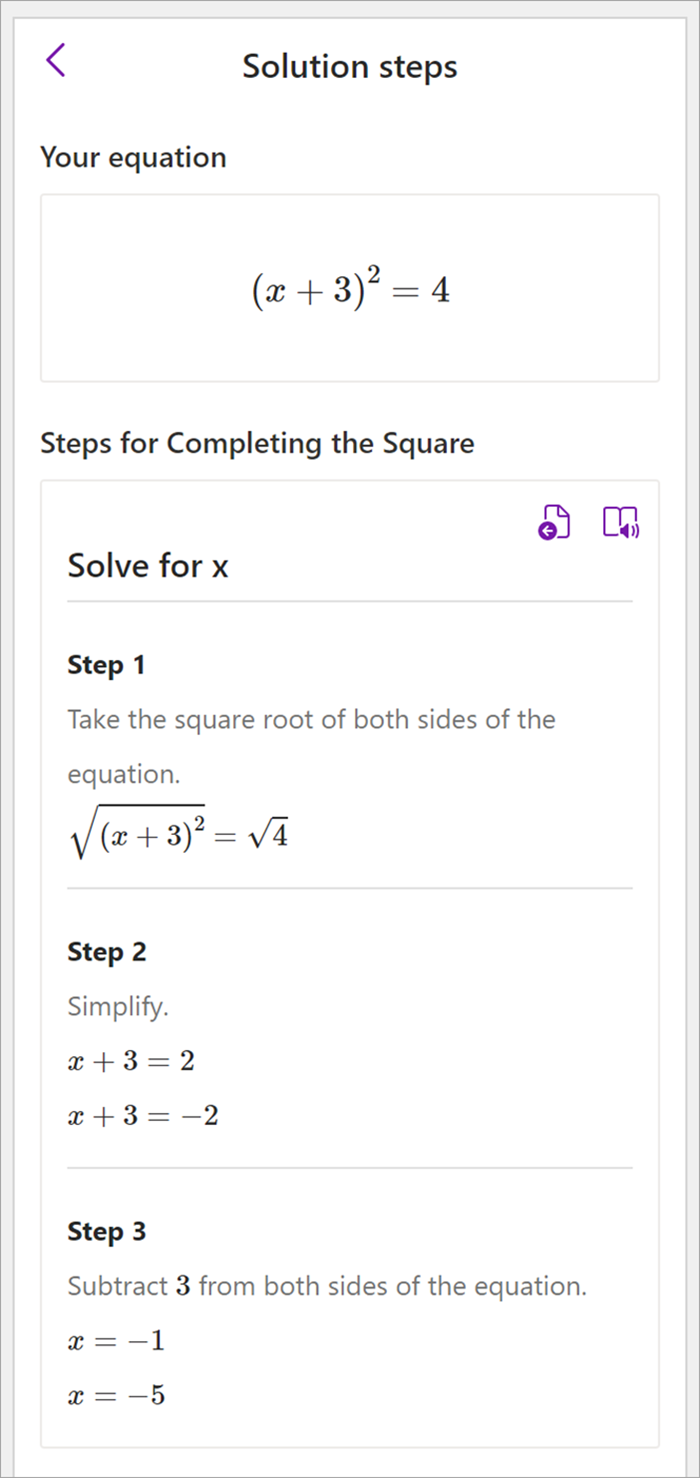 Screenshot of the math pane in OneNote desktop. Solution steps are shown for using the completing the square method to solve for x.