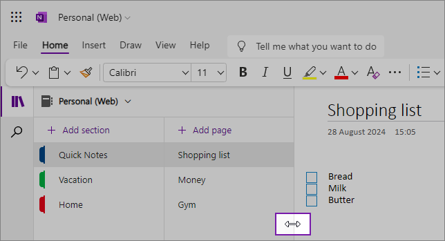 Screenshots showing how to resize OneNote navigation panes