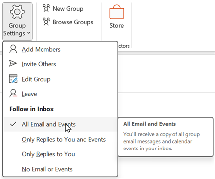 Select Group settings from the ribbon and then select which items youd like to follow or unfollow