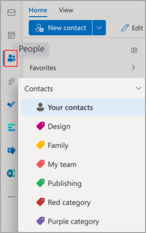 Image showing Outlook home page with the People icon highlighted on the left hand navigation bar.