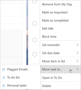 Press and hold (or right-click) to access the context menu. Select Move tasks to ... and choose the list you want to move task to.
