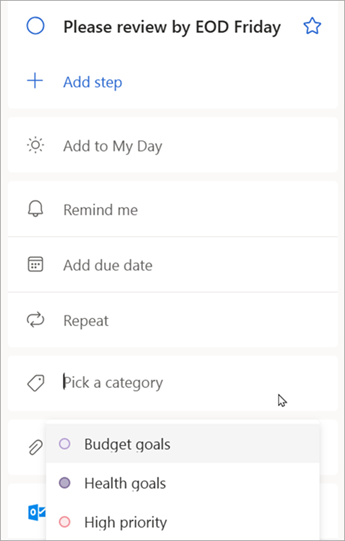 When the task details are displayed, select Pick a category to assign a category youve already created in Outlook.