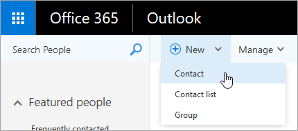 A screenshot of the context menu for the New button, with Contact selected.