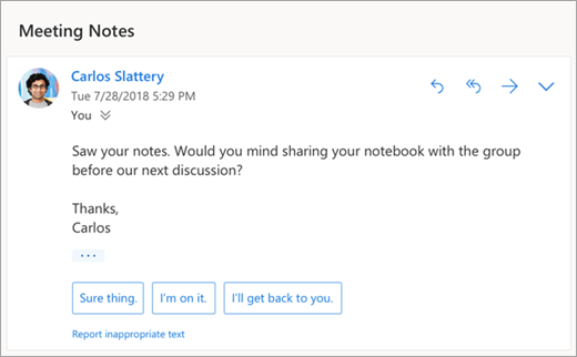 A screenshot of suggested replies
