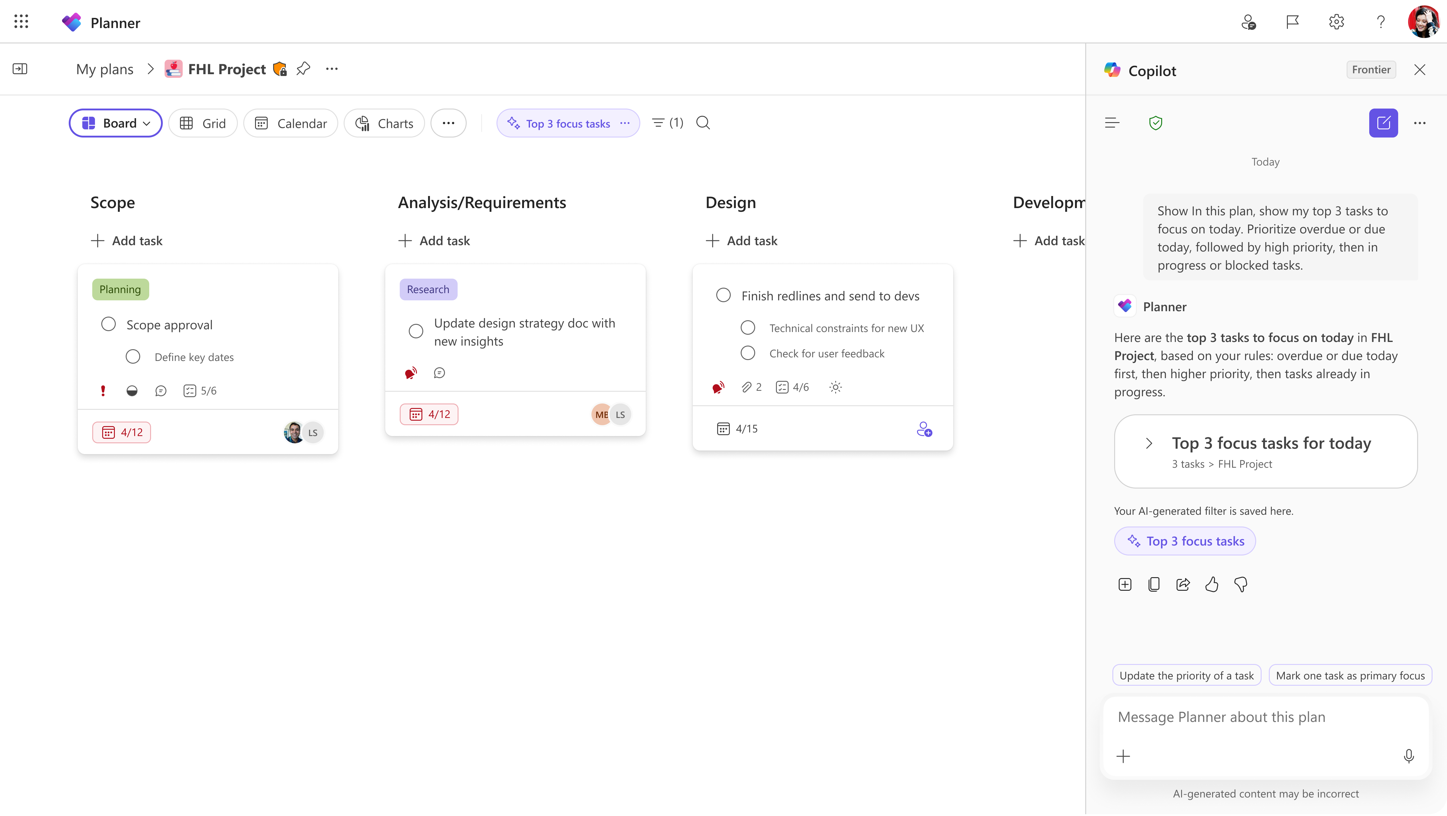 Screenshot of a filtered task list in Planner Agent highlighting the three highest priority tasks and the active AI filter pill.