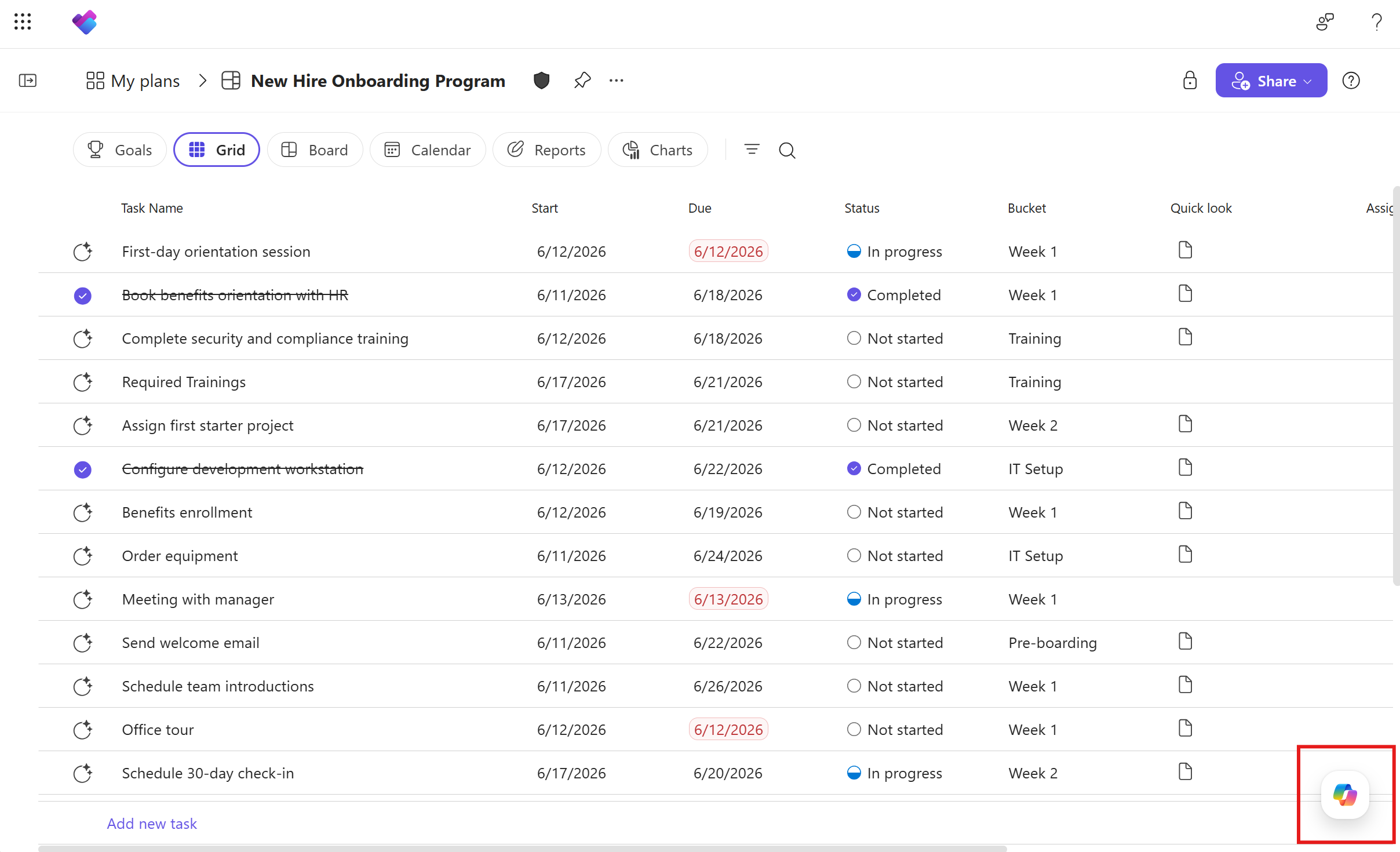 Screenshot of Microsoft Planner showing the Copilot button in the bottom corner of the screen.
