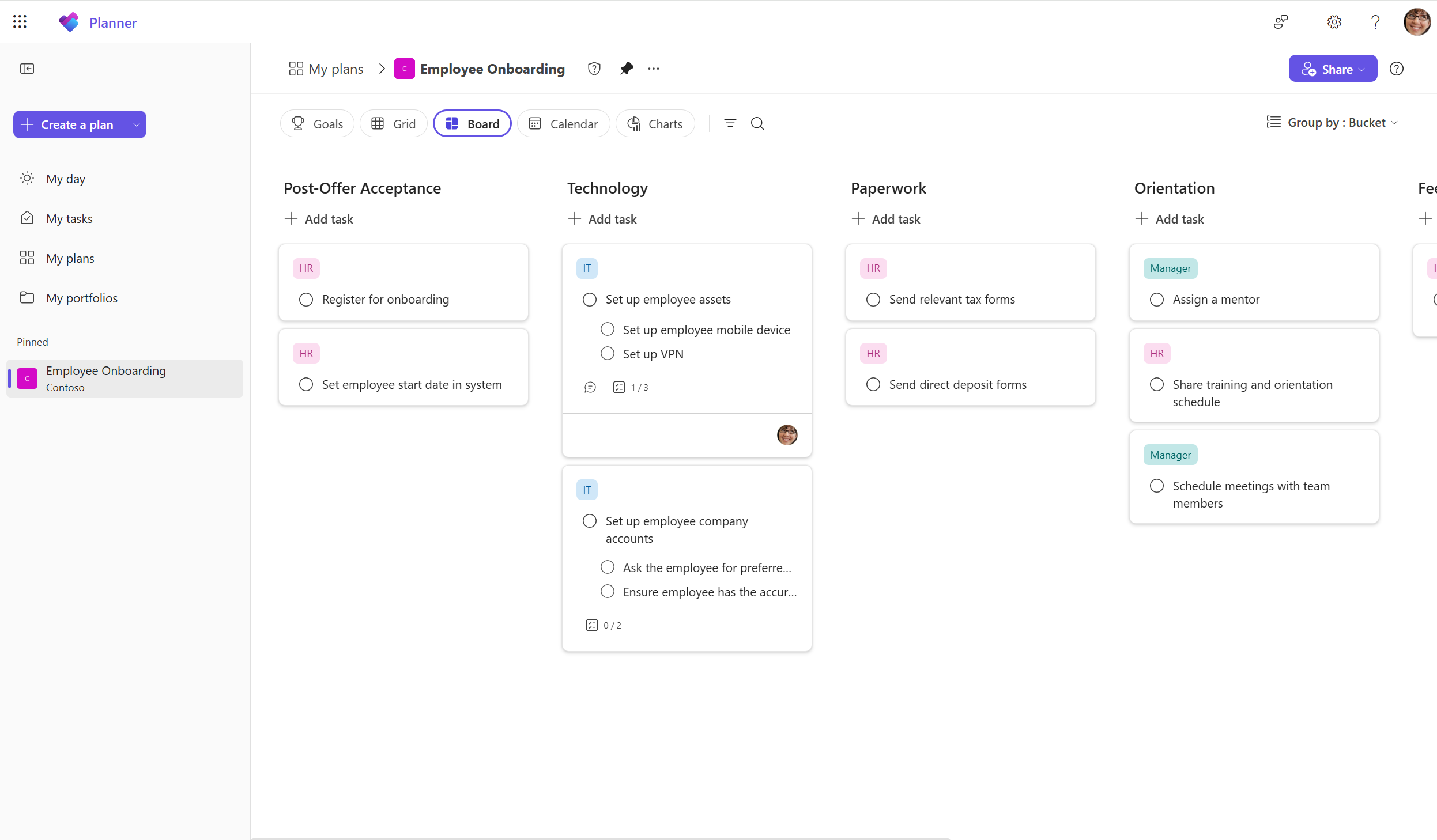 A screenshot of a plan in Planner in Teams shows the Board view of a teams tasks organized into buckets for Scope, Analysis/Requirements, Design, and Development.