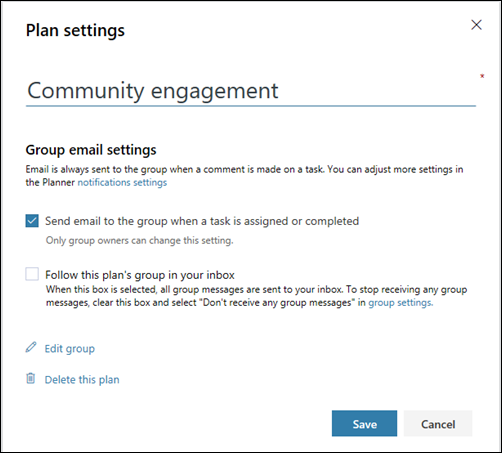 Screen capture: Showing the setting Send email to the plans group... for the plan settings