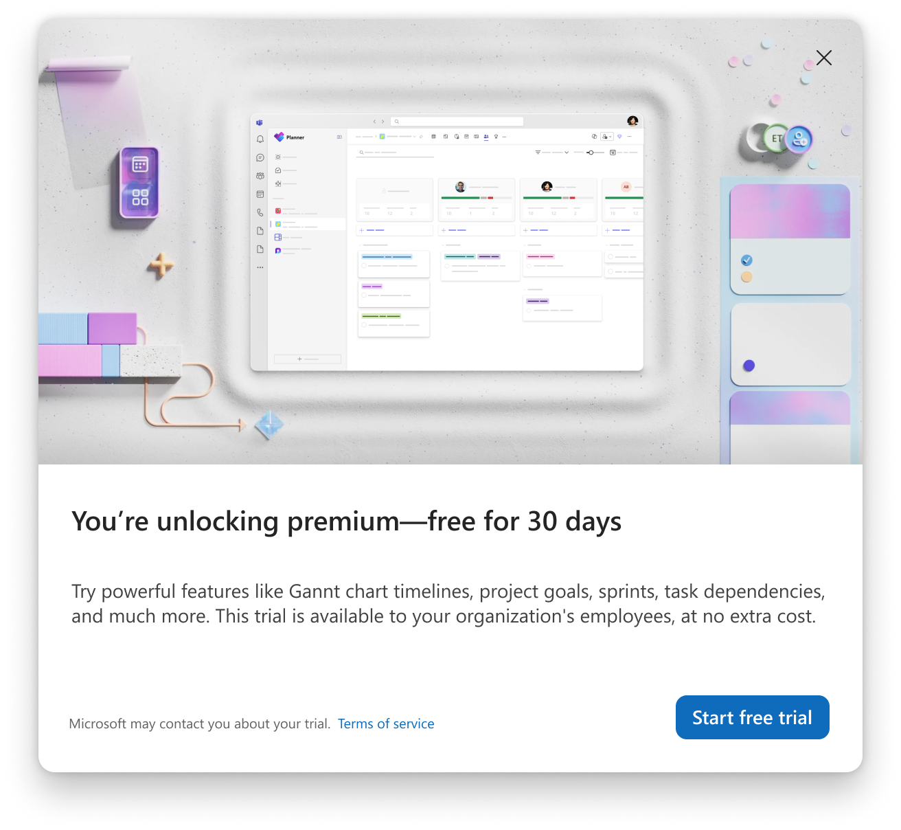 Screenshot of a dialog announcing a free 30‑day premium trial, with a Planner-style project board preview and a Start free trial button.
