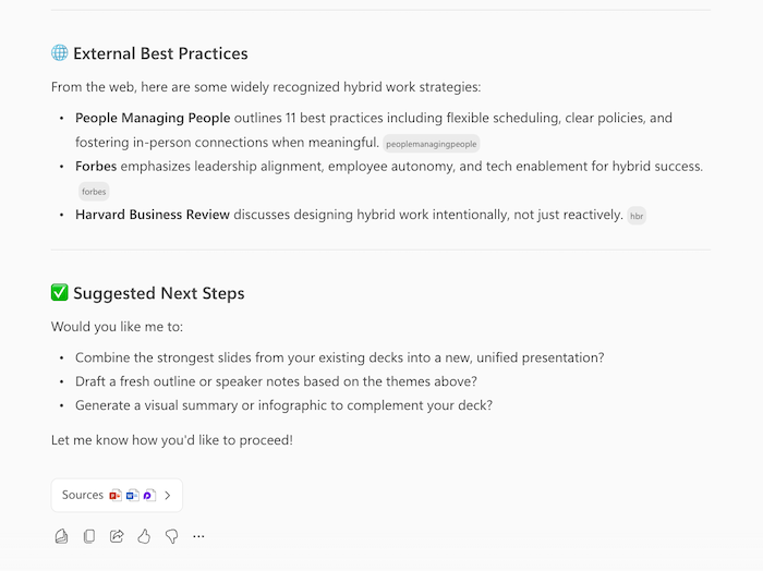 A screenshot of Copilots response to create presentation, showing information about the requested topic and follow up questions.
