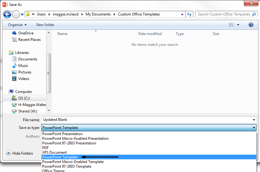 In the Save as type box, choose PowerPoint Template.