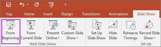 Shows the from beginning button on the slide show tab in PowerPoint