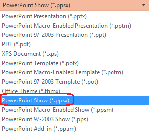 The list of file types in PowerPoint includes PowerPoint Show (.ppsx).