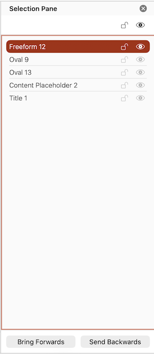 Screenshot of the Selection Pane in PowerPoint for Mac.