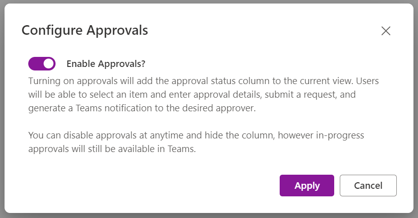 Screenshot that shows Dialog option to Enable Approvals