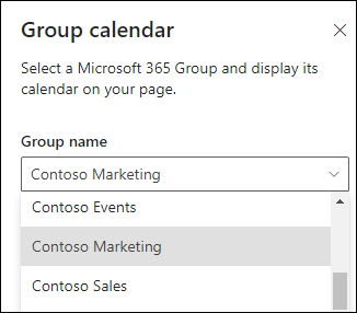 Selecting a Microsoft 365 group from the properties pane.