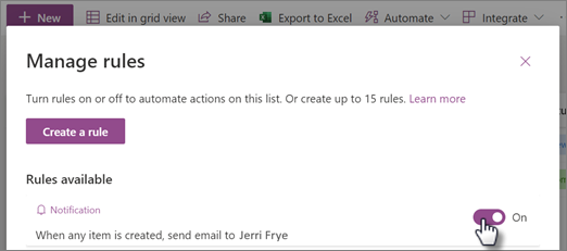 Screenshot of how turning on or turning off a rule on the Manage rules page.
