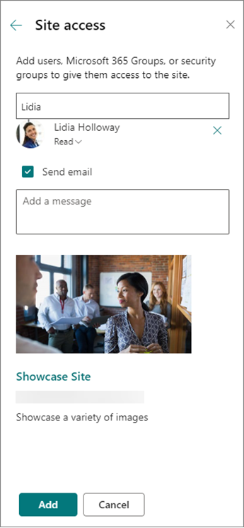 Adding a person to a communication site in the Share site panel
