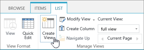 The SharePoint Library Create view button on ribbon.