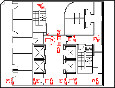 Security and access plan showing locations of cameras, card readers, and keypad devices