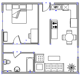 Home plan showing living spaces, bedroom, bathroom, and kitchen