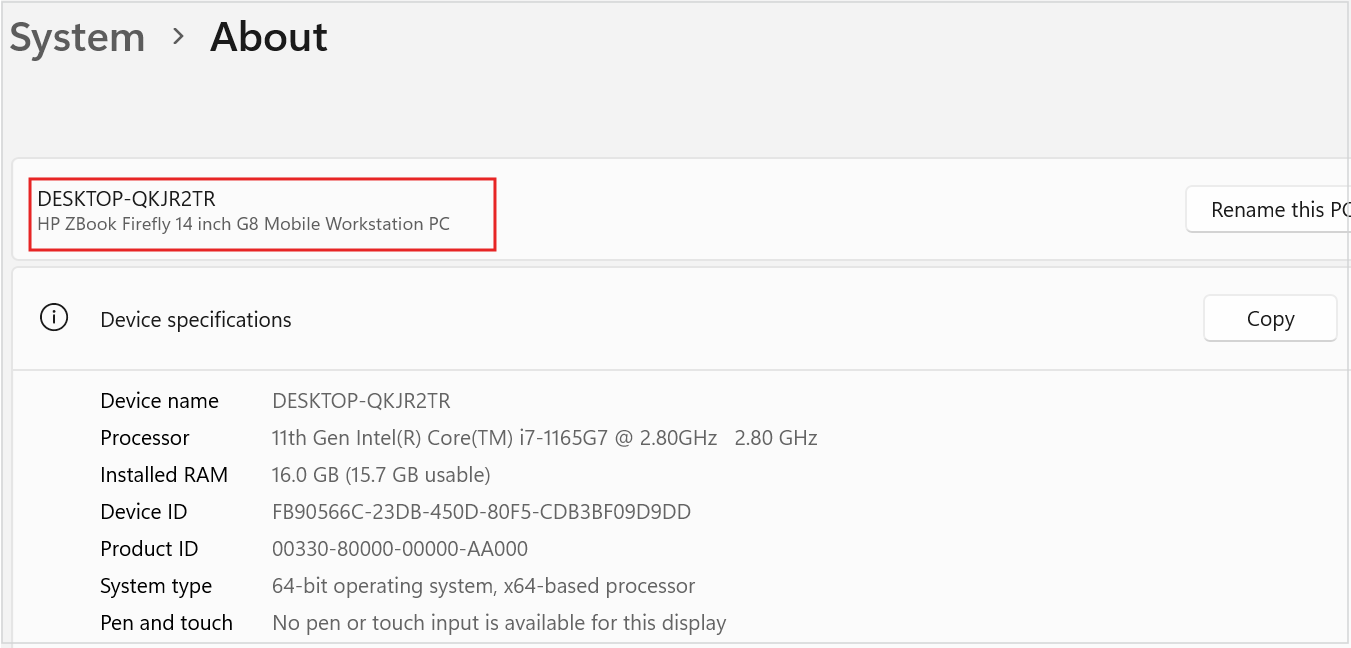 Screenshot of PCs device name and model