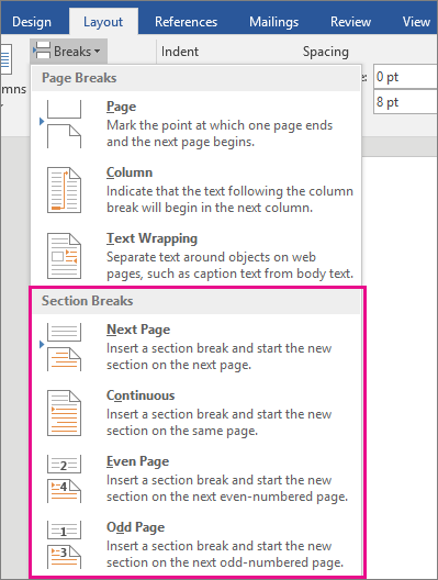 Screenshot that shows types of section breaks highlighted on the Layout tab.