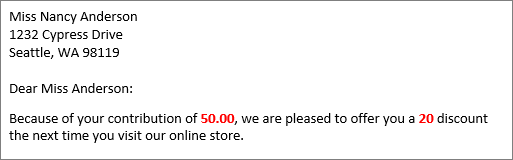Mail merge document that reads your contribution of 50.00 and offer you a 20 discount.
