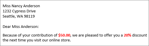 Mail merge results document reads your contribution of $50.00 and offer you a 20% discount.