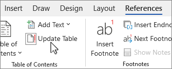 The Reference tab showing update table button