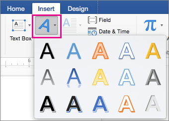 Insert tab with the WordArt option highlighted.