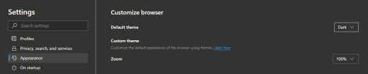 The Microsoft Edge dark mode option in the appearance settings selected.