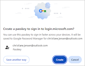 Screenshot showing the dialog in your Google Chrome to save your Microsoft account passkey for the Microsoft account tab.