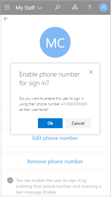 Screenshot that shows the Enable phone number for sign in?