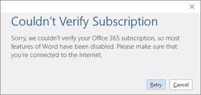 Screenshot of the Couldnt Verify Subscription error message