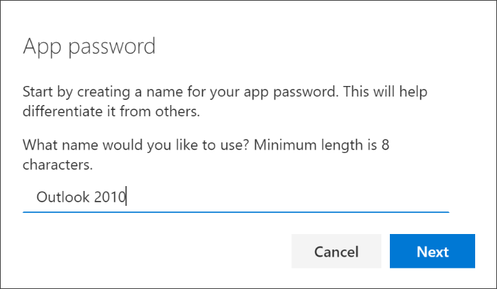 Screenshot that shows the App password page, with the name of the app entered