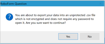Desktop Roboform export confirmation dialog box.