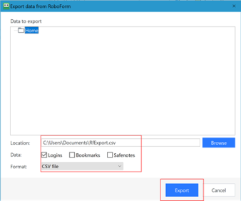Desktop Roboform export dialog box.