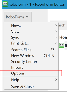Desktop Roboform options menu.