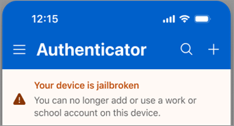 A screenshot showing a work or school account blocked on a jailbroken iOS device in Microsoft Authenticator.