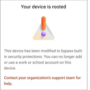 A screenshot showing the Your device is rooted error in Microsoft Authenticator on Android.