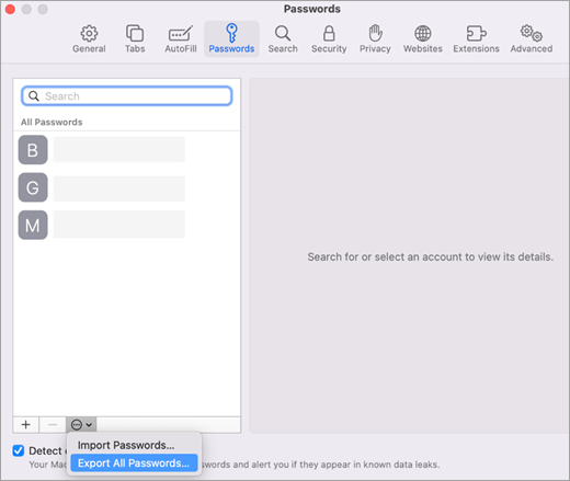 The passwords menu in Safari settings with Export All Passwords selected.