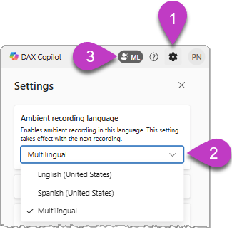 (1) Settings icon, (2) ambient recording language with Multilingual selected, and (3) recording icon indicating Multilingual recording mode.